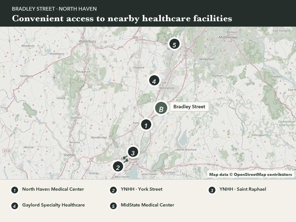 Simplified map showing Bradley Street near healthcare facilities in the North Haven and Greater New Haven area