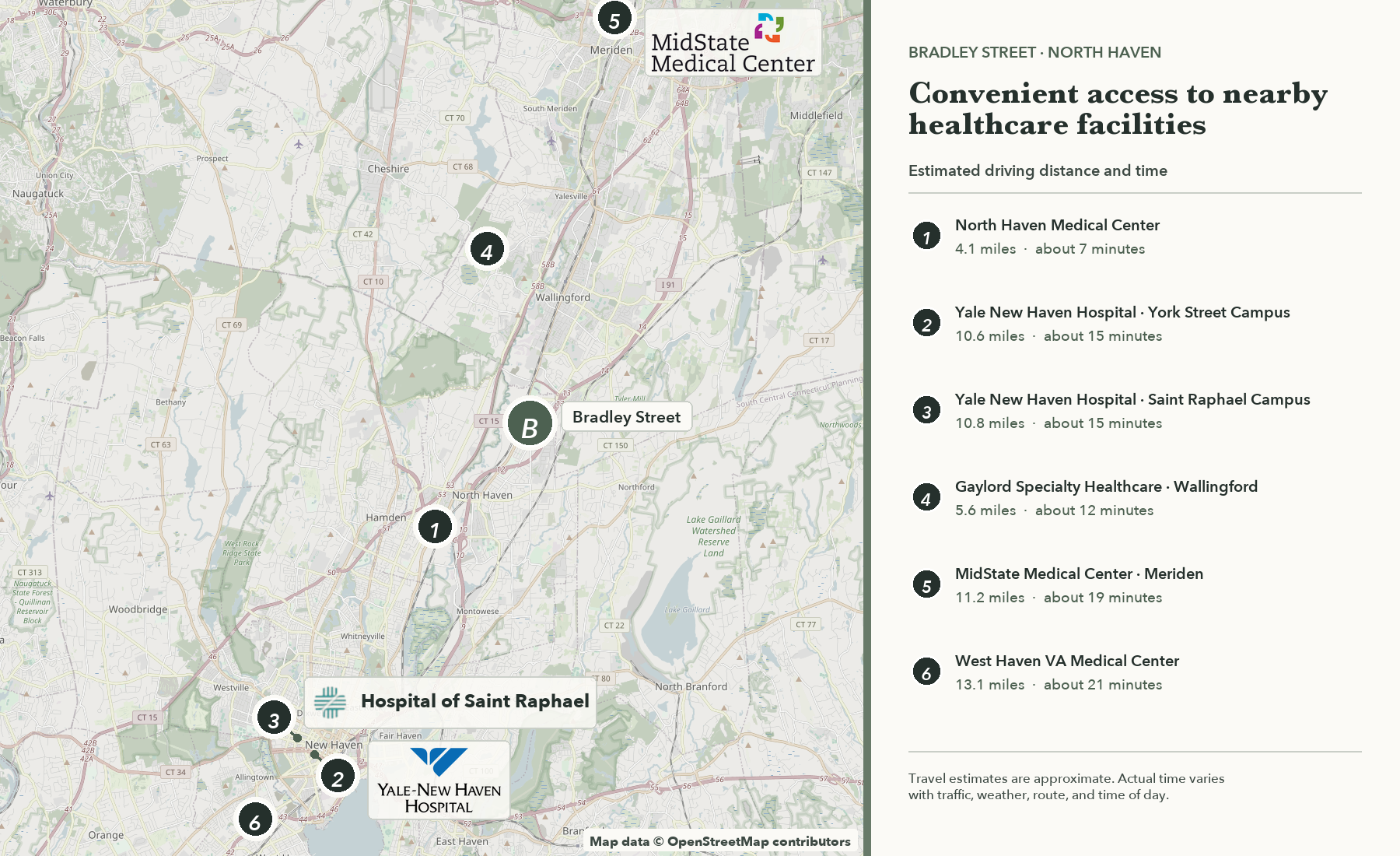 Map showing Bradley Street and six nearby healthcare facilities, with hospital logos beside their corresponding numbered map markers